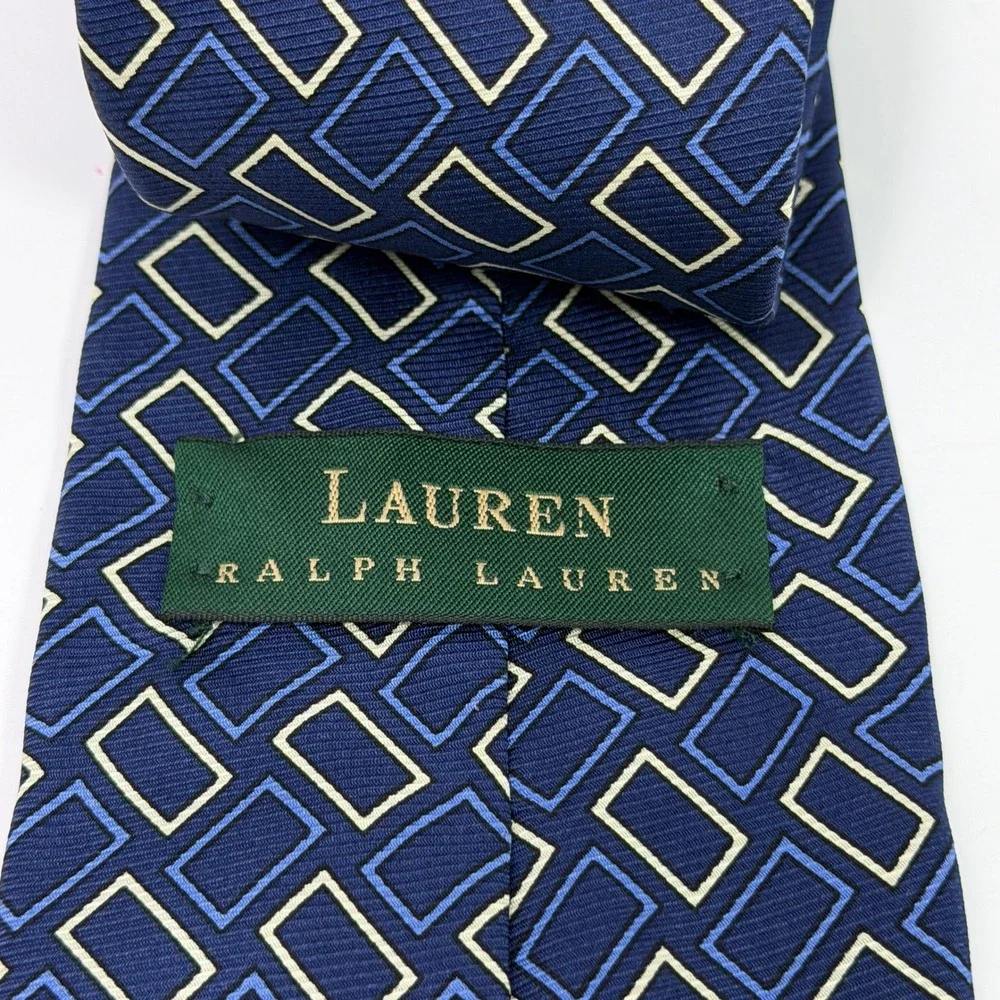 Lauren Ralph Lauren Mens Silk Tie Navy Blue Geometric Rectangle Pattern